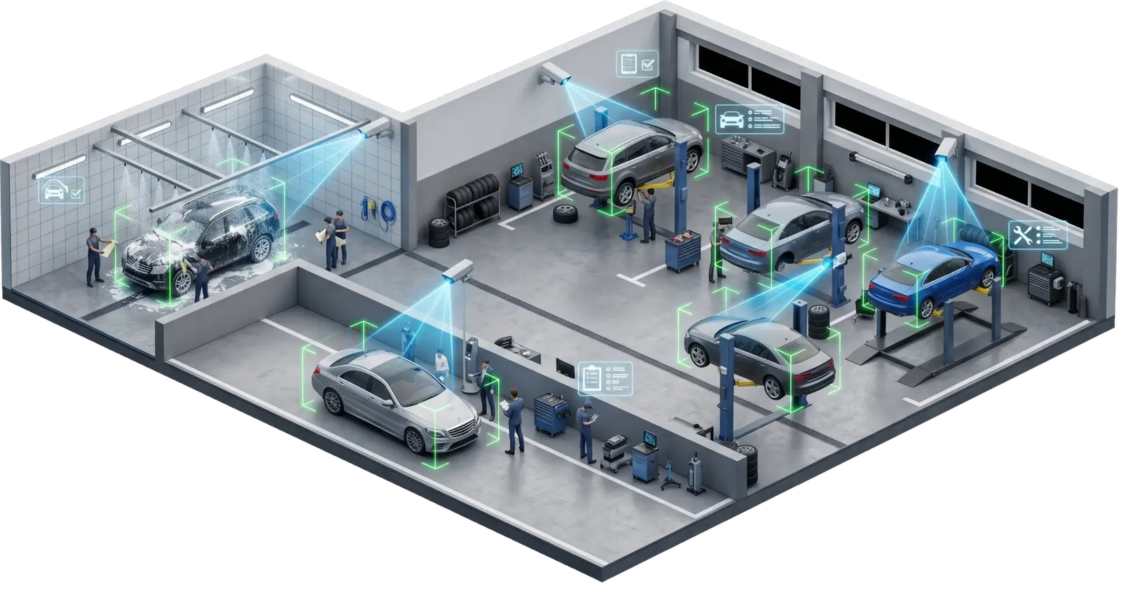 Overhead view of multiple service bays with AI tracking overlay